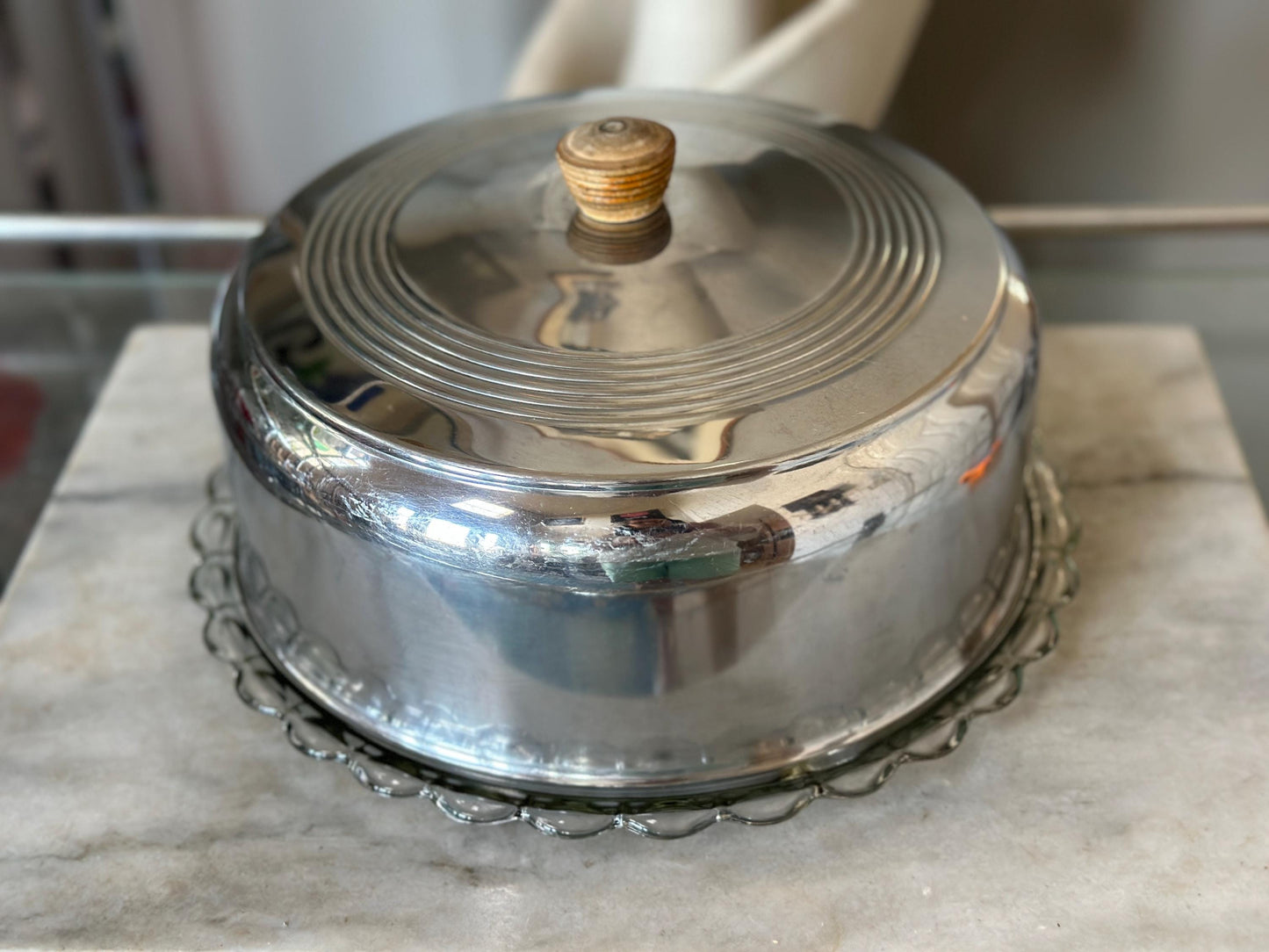 1950s Vintage Chrome Cake Saver with Glass Plate: Mid-Century Kitchen Storage
