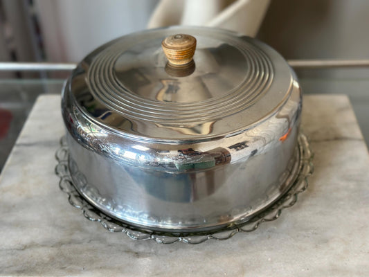 1950s Vintage Chrome Cake Saver with Glass Plate: Mid-Century Kitchen Storage