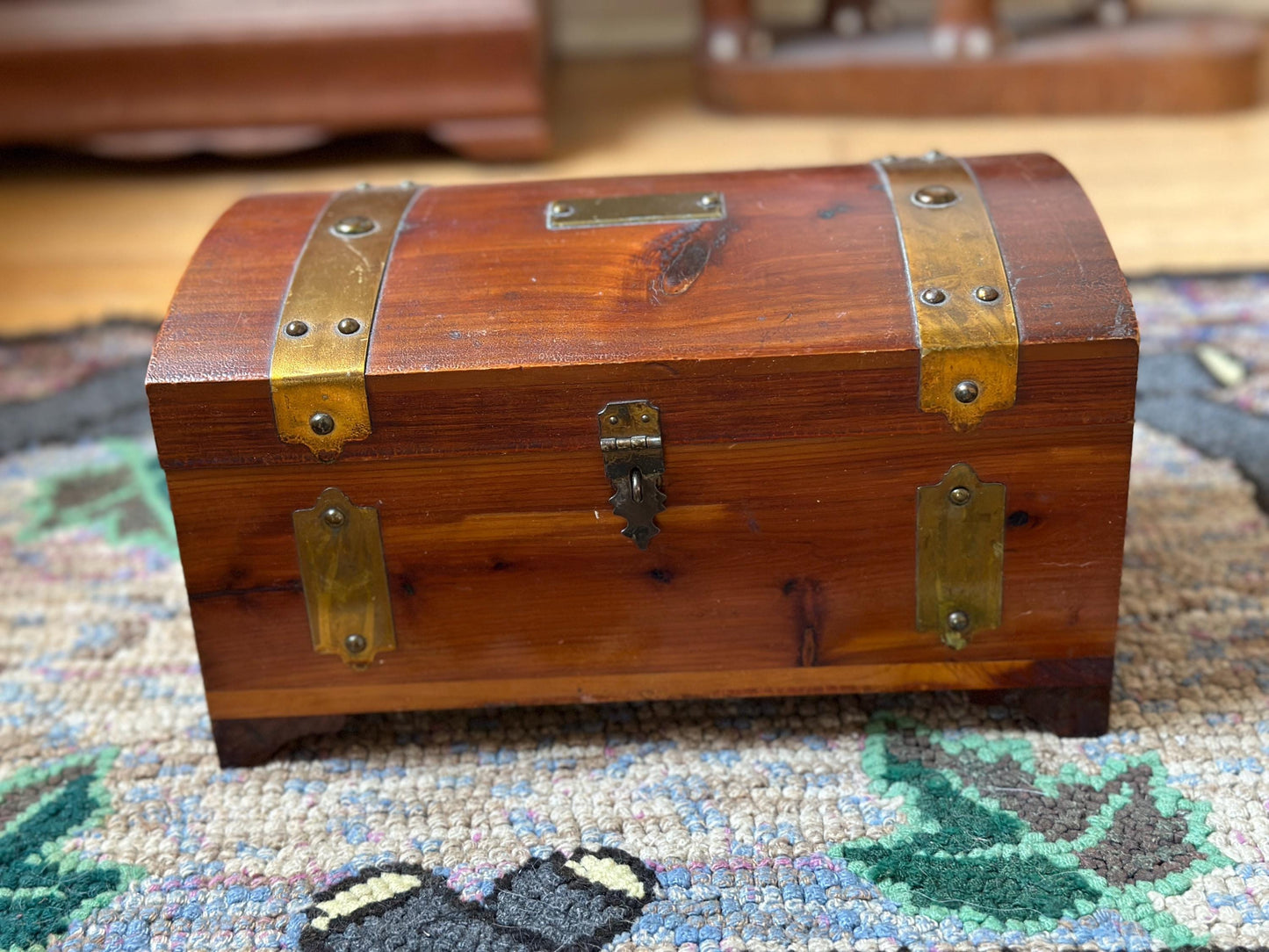 Distressed Vintage Cedar Jewelry Box: Pilliod MCM Trinket Box with Mirror