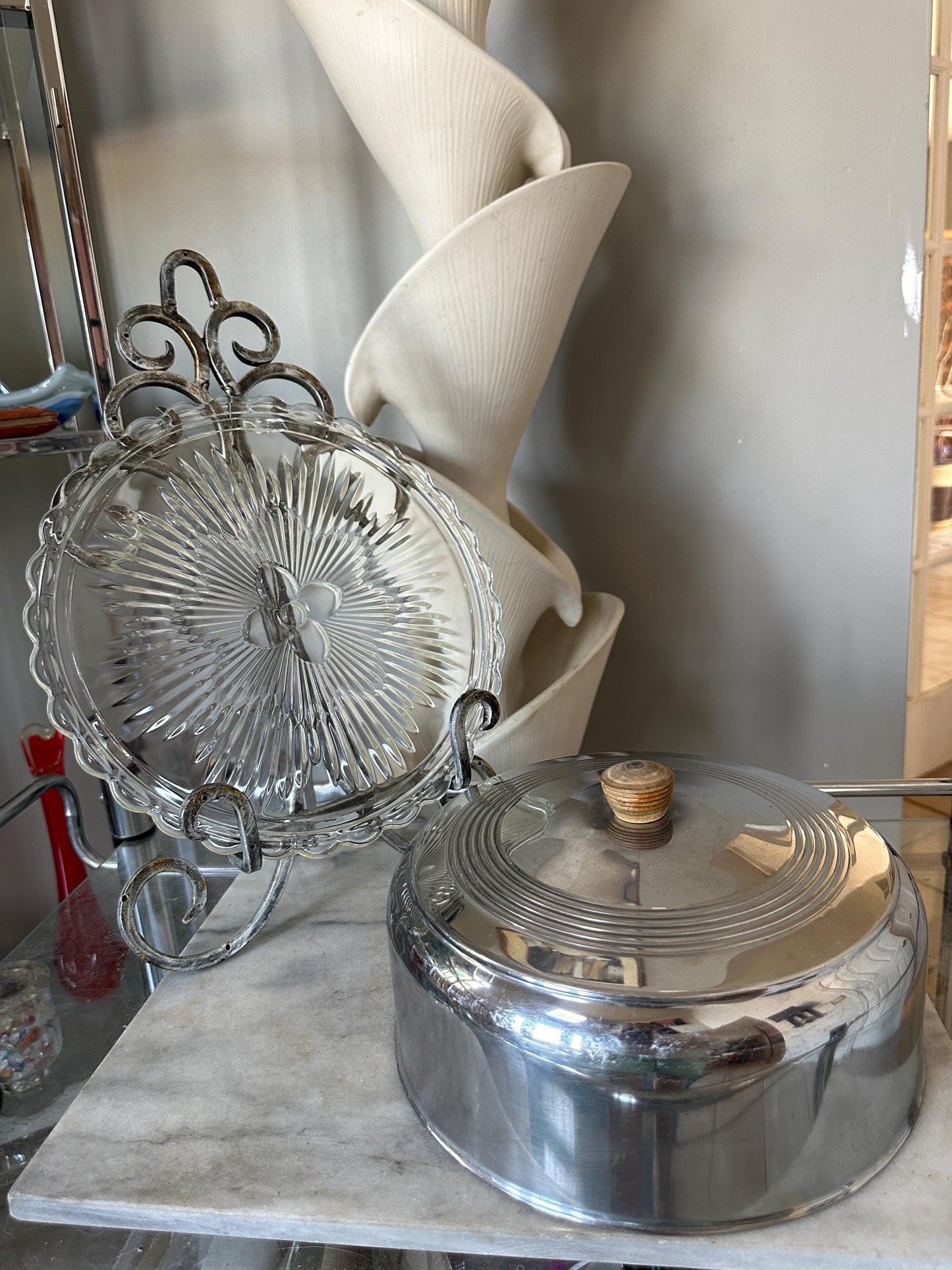 1950s Vintage Chrome Cake Saver with Glass Plate: Mid-Century Kitchen Storage