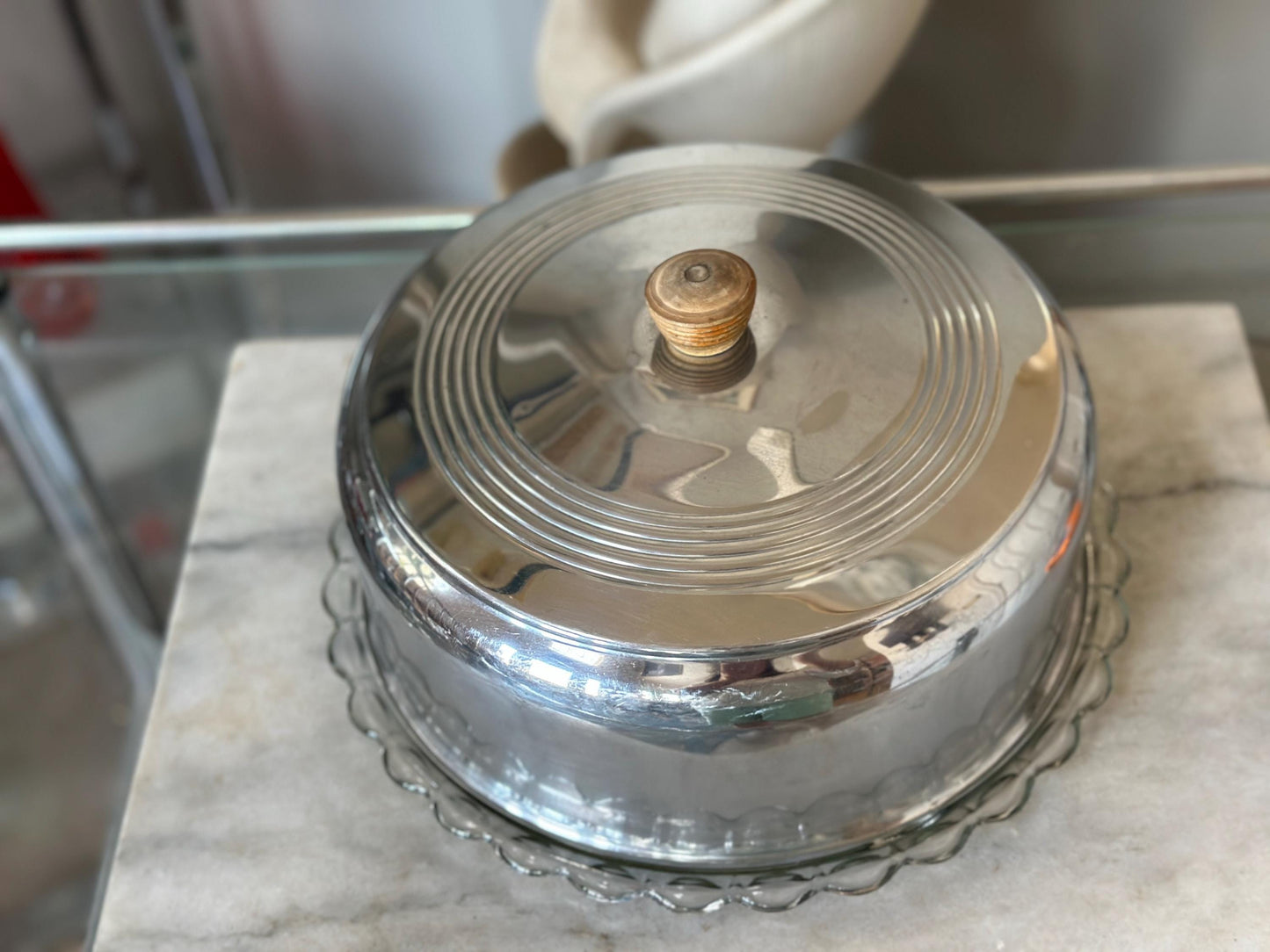 1950s Vintage Chrome Cake Saver with Glass Plate: Mid-Century Kitchen Storage