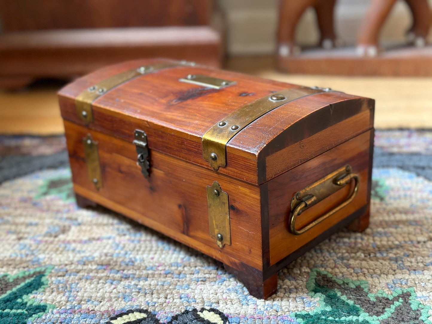 Distressed Vintage Cedar Jewelry Box: Pilliod MCM Trinket Box with Mirror
