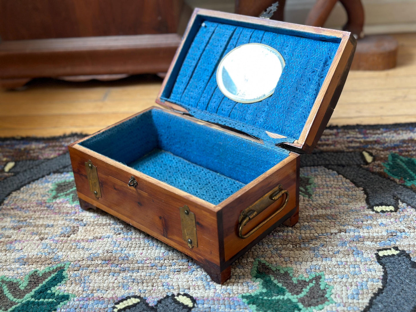 Distressed Vintage Cedar Jewelry Box: Pilliod MCM Trinket Box with Mirror