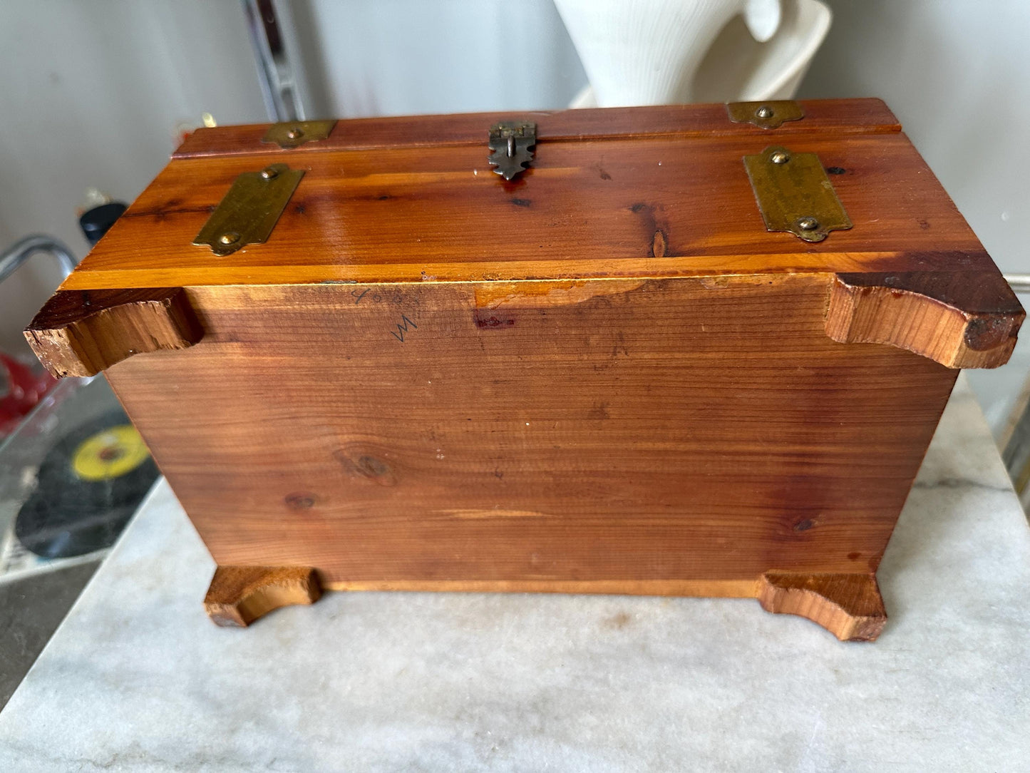Distressed Vintage Cedar Jewelry Box: Pilliod MCM Trinket Box with Mirror