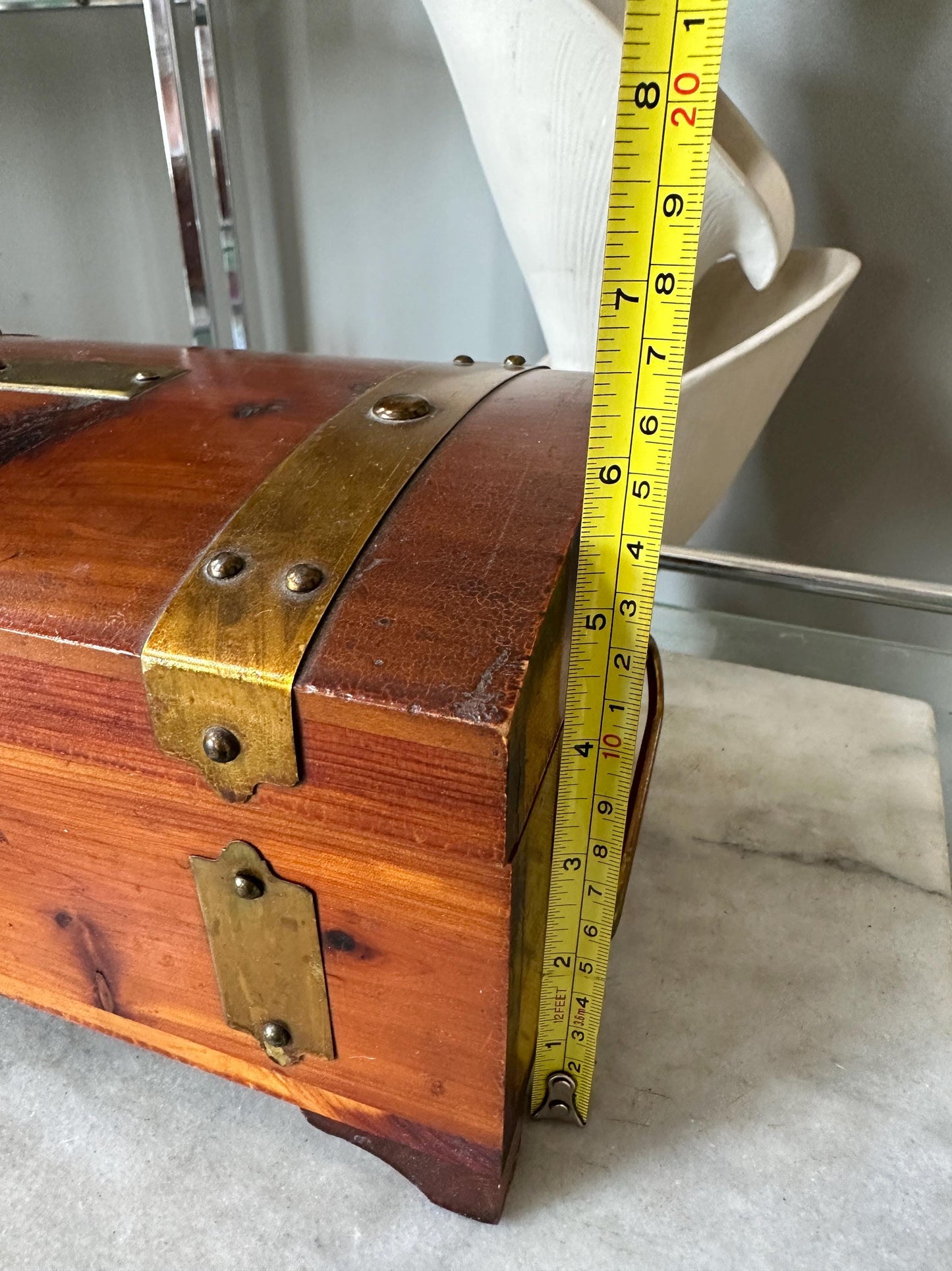 Distressed Vintage Cedar Jewelry Box: Pilliod MCM Trinket Box with Mirror