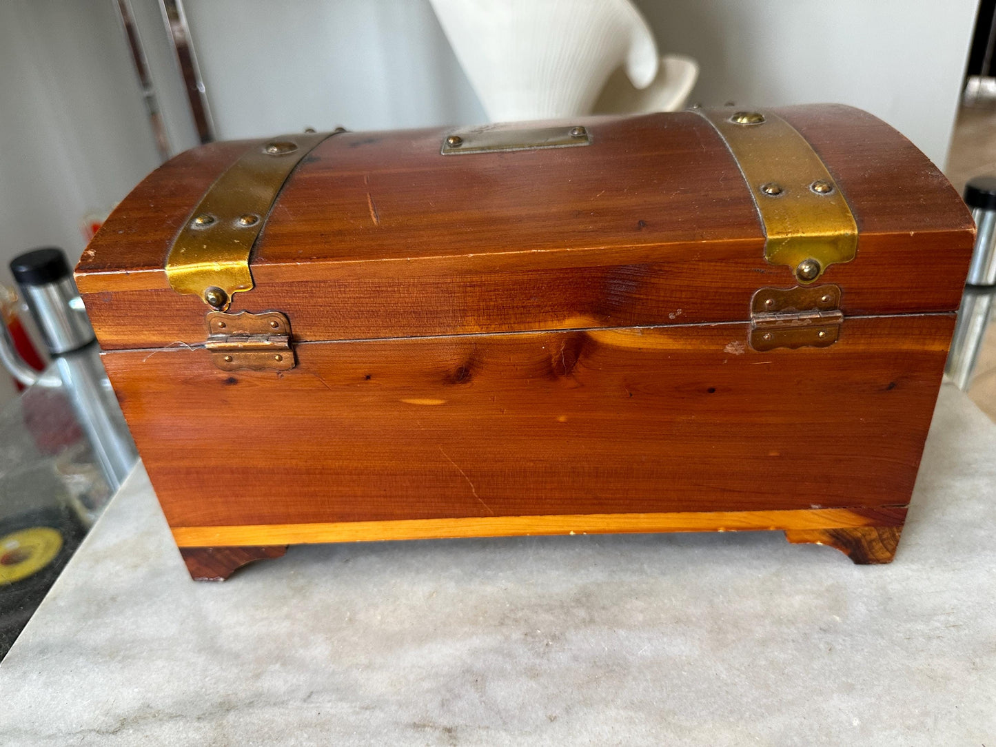 Distressed Vintage Cedar Jewelry Box: Pilliod MCM Trinket Box with Mirror