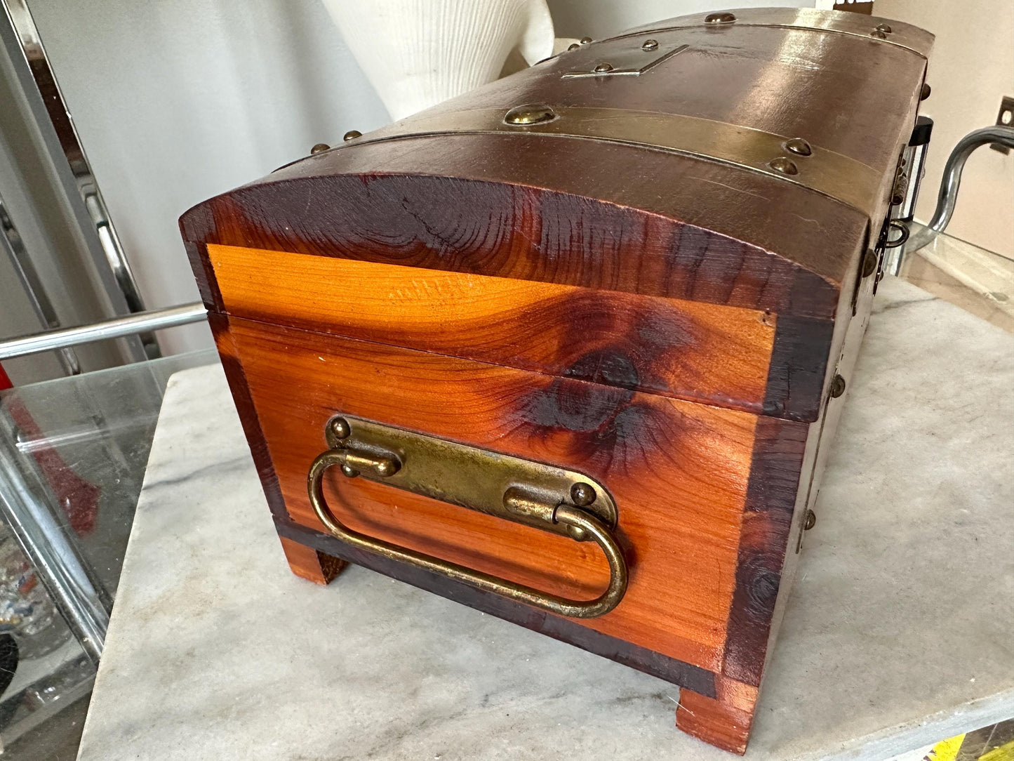 Distressed Vintage Cedar Jewelry Box: Pilliod MCM Trinket Box with Mirror