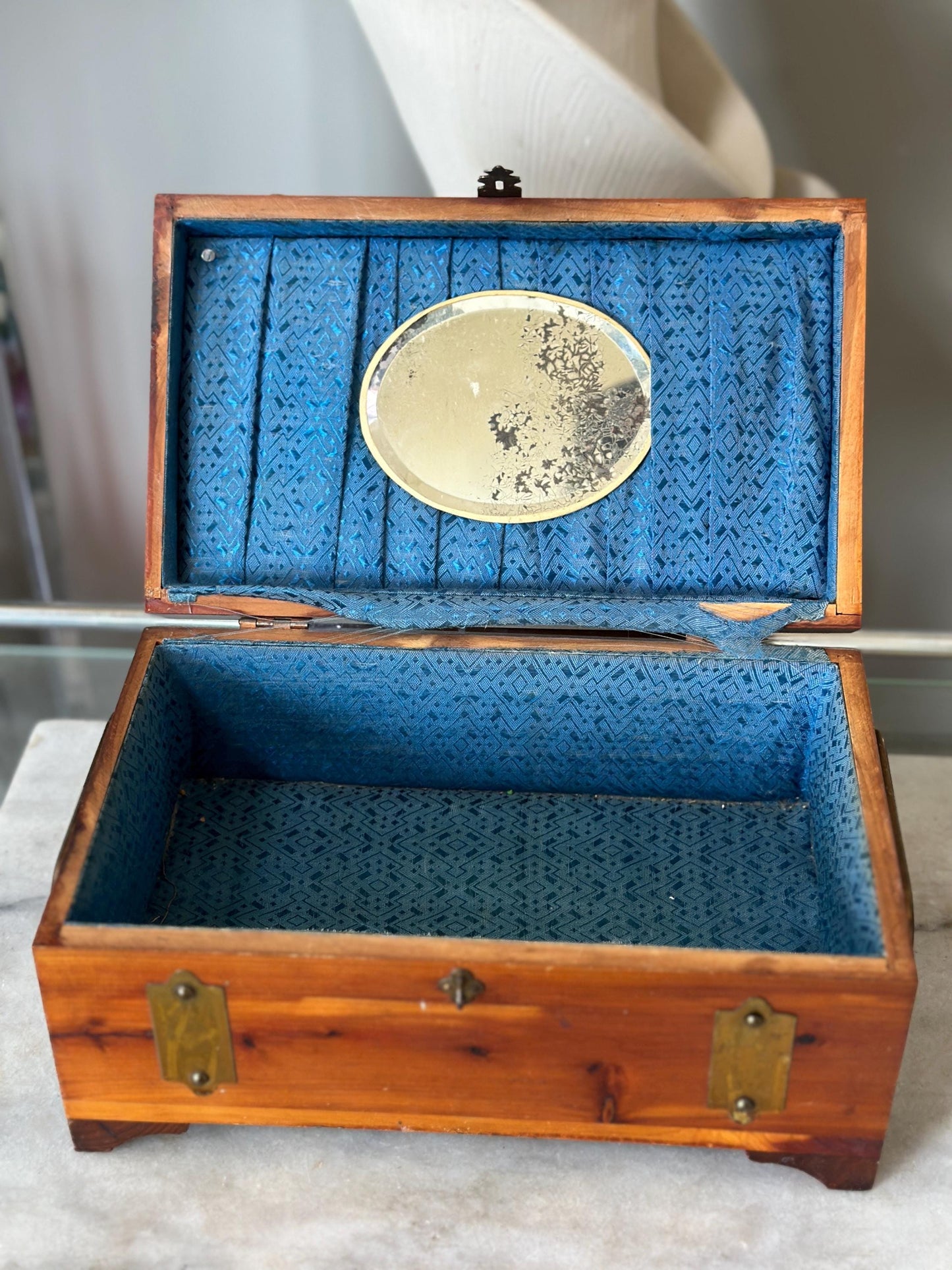Distressed Vintage Cedar Jewelry Box: Pilliod MCM Trinket Box with Mirror