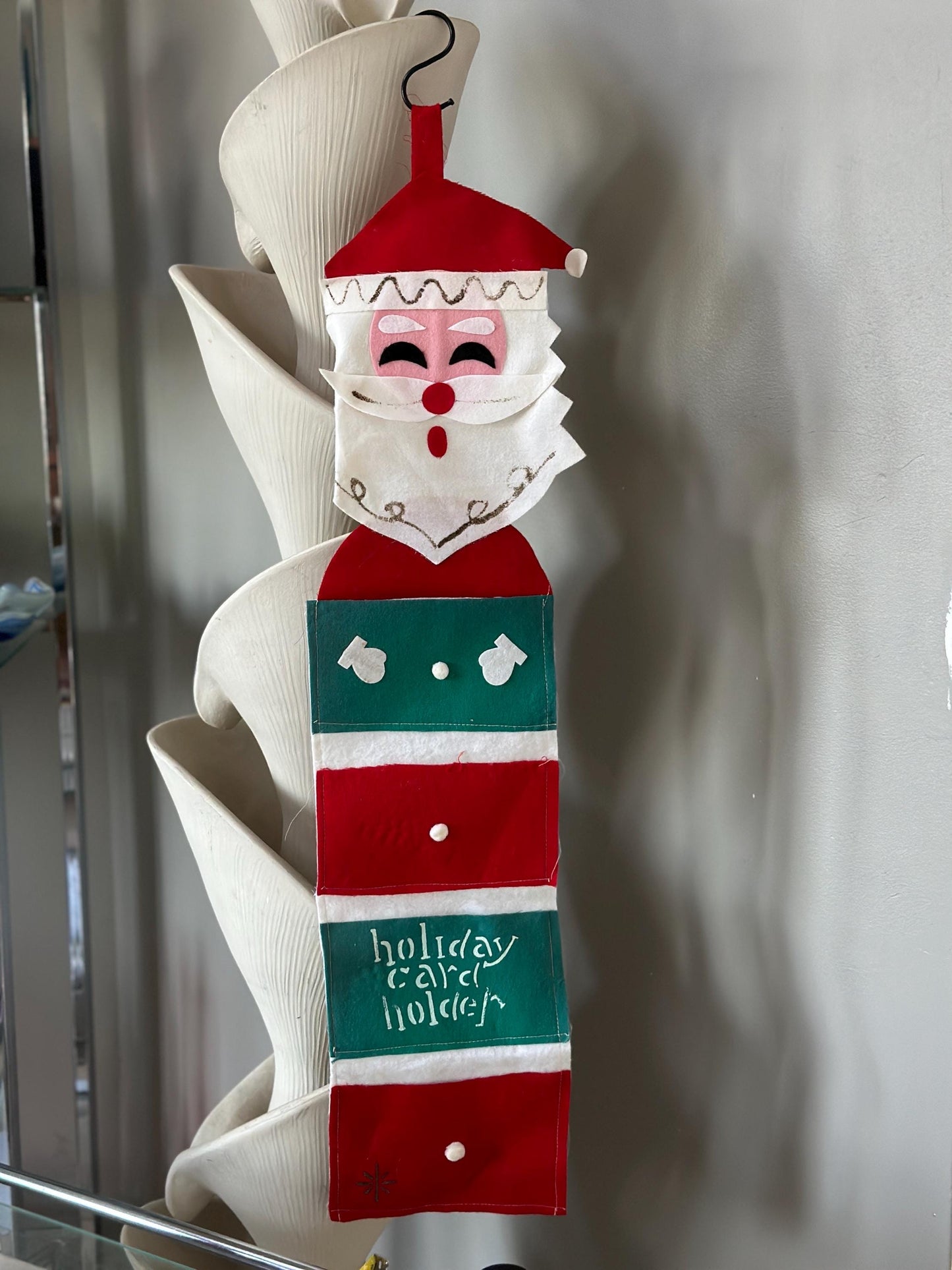 Vintage Felt Santa Card Holder: Retro Christmas Wall Hanging, Made in Japan, Christmas Kitsch
