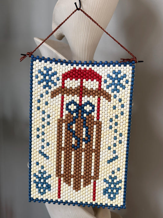 Vtg Beaded Christmas Wall Hanging SLED W Pony Beads Decor Kitch Cottage