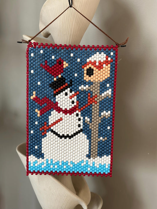 Vtg Beaded Christmas Wall Hanging SNOWMAN W Pony Beads Decor Kitch Cottage