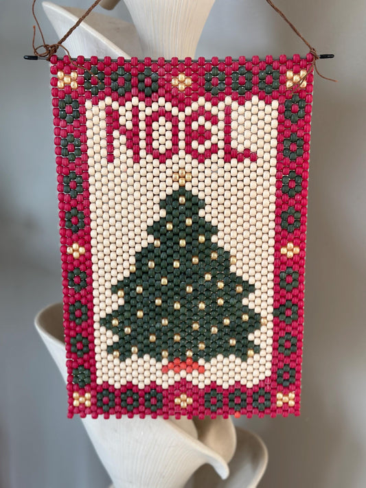 Vtg Beaded Christmas Wall Hanging NOEL W Pony Beads Decor Kitch Cottage