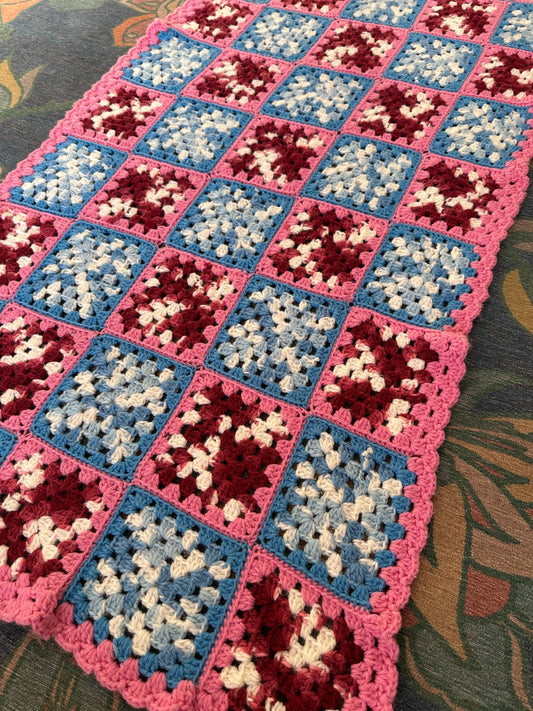 Vintage Colorful Pink, Red, Blue and White Granny Square Afghan | 30 x 55