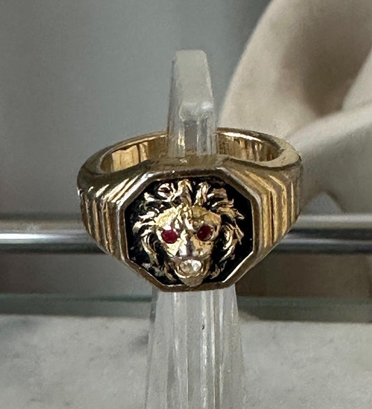 Vintage Clark & Coombs Lion Ring: 18K Gold Electroplate, Crystal Eyes