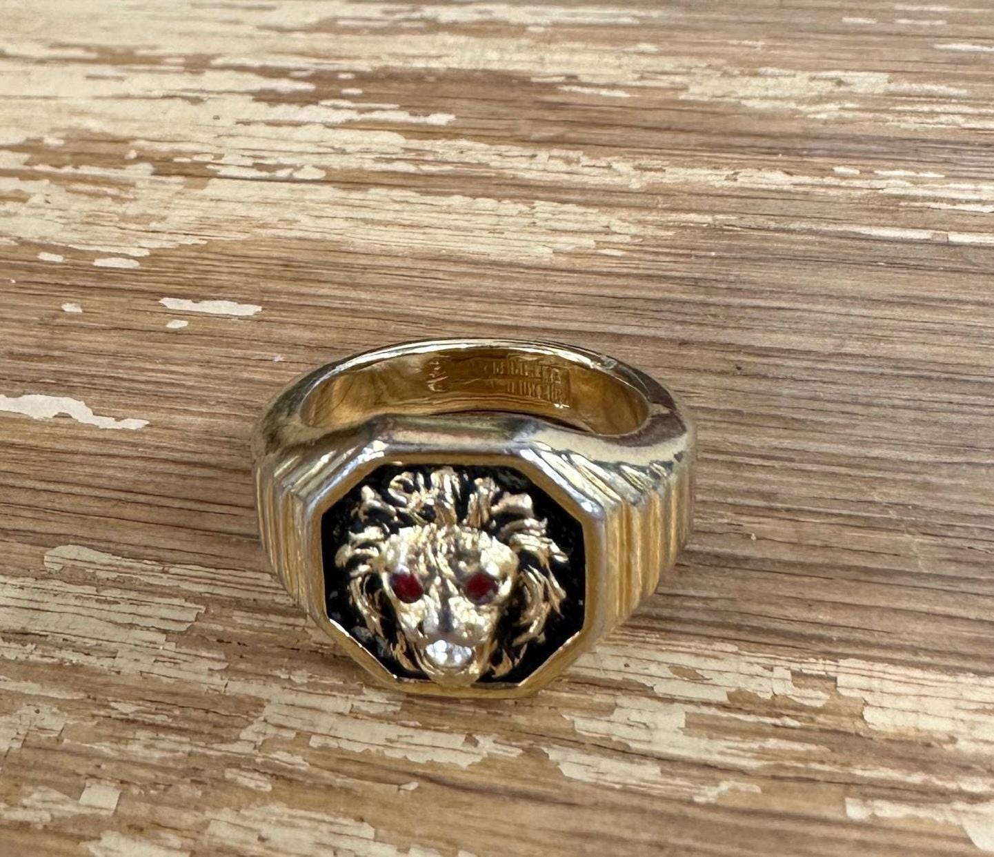 Vintage Clark & Coombs Lion Ring: 18K Gold Electroplate, Crystal Eyes
