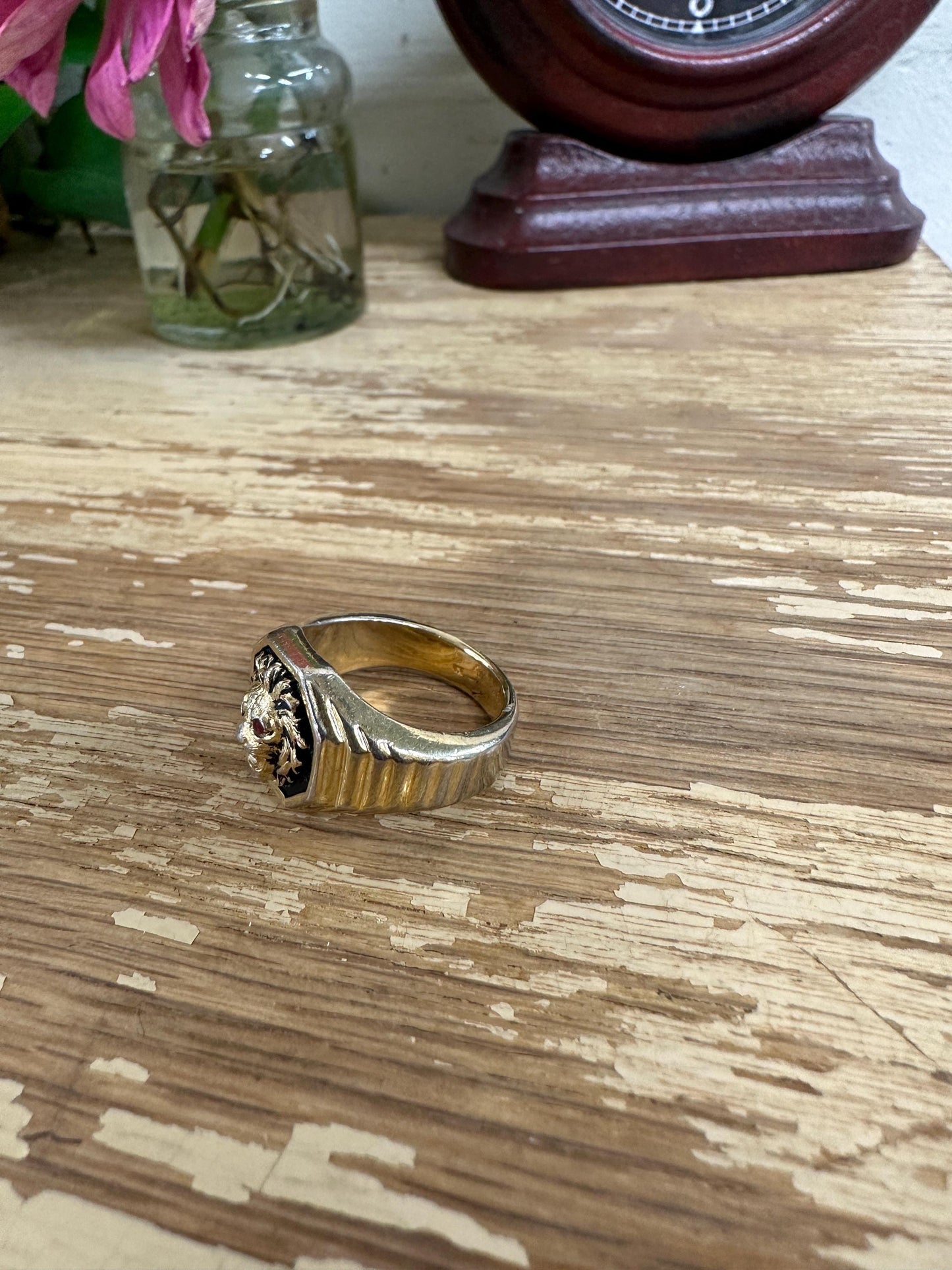 Vintage Clark & Coombs Lion Ring: 18K Gold Electroplate, Crystal Eyes