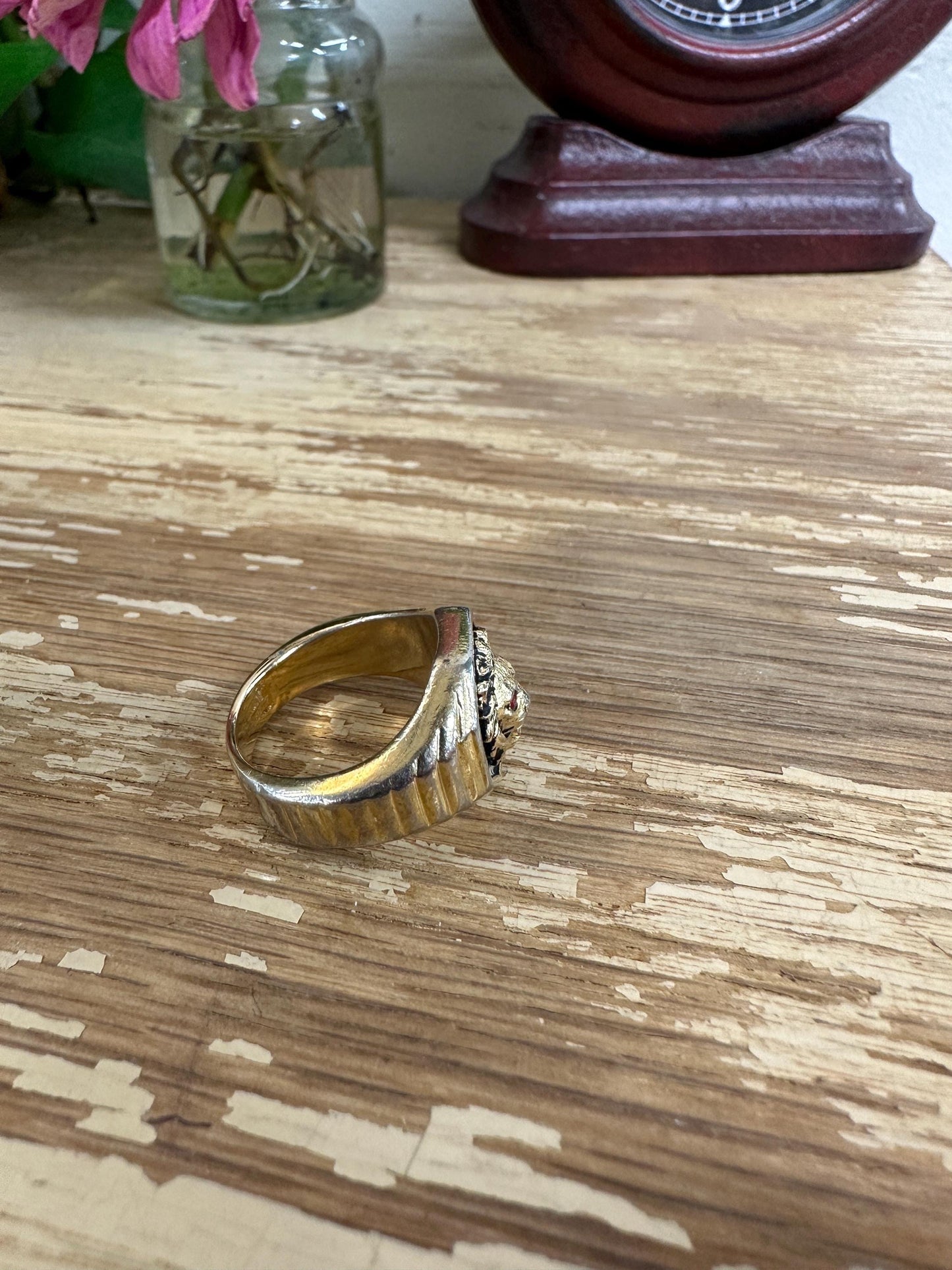 Vintage Clark & Coombs Lion Ring: 18K Gold Electroplate, Crystal Eyes