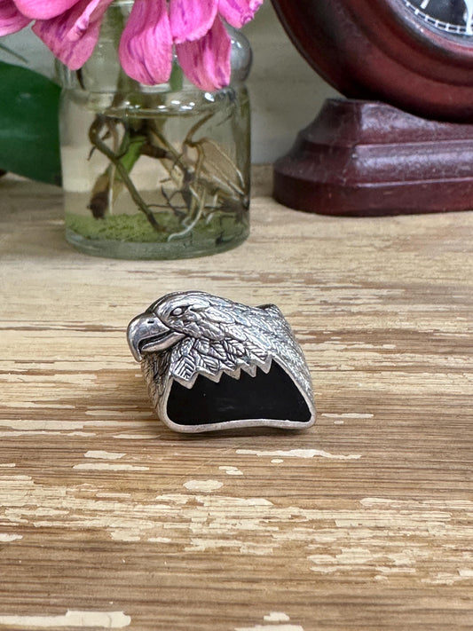 Vintage G&S '87 Eagle Head Biker Ring Onyx Inlay Size 10