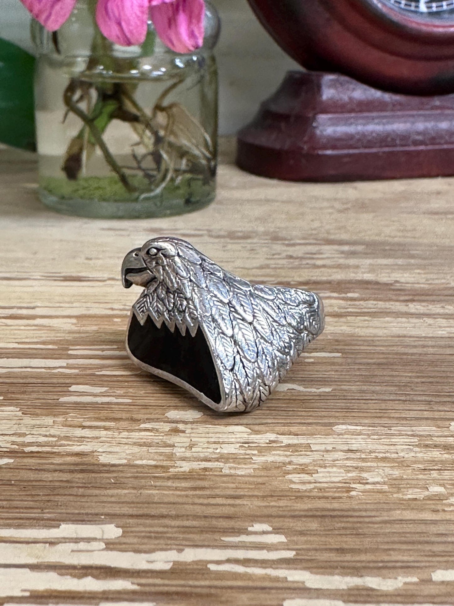 Vintage G&S '87 Eagle Head Biker Ring Onyx Inlay Size 10