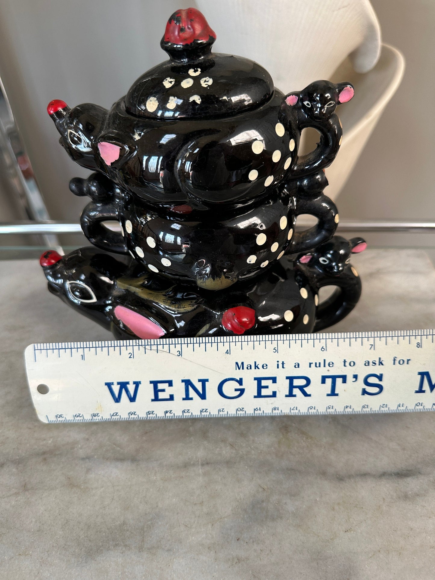 MCM Rudolph the Red Nosed Reindeer Christmas  Tea Pot, Creamer, Sugar Bowl & Lid - Royal Sealy Redware Deer Pattern Stacking Tea Set, Japan