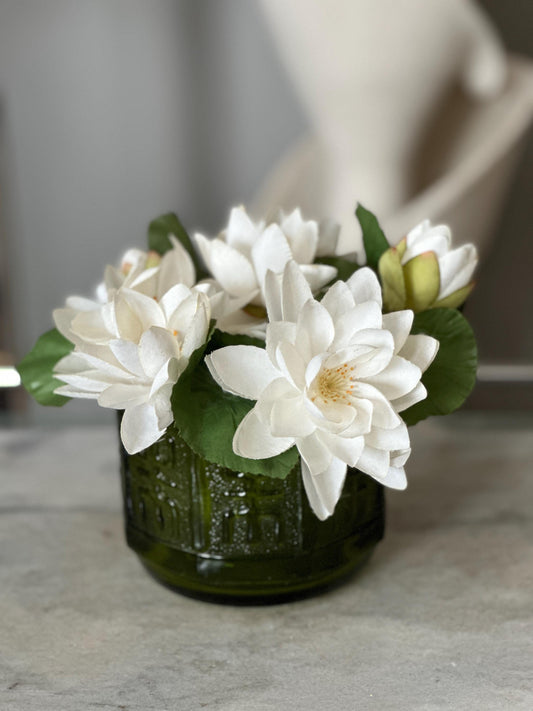 Vintage 1970s Indiana Glass Avocado Green Planter with Faux Lotus