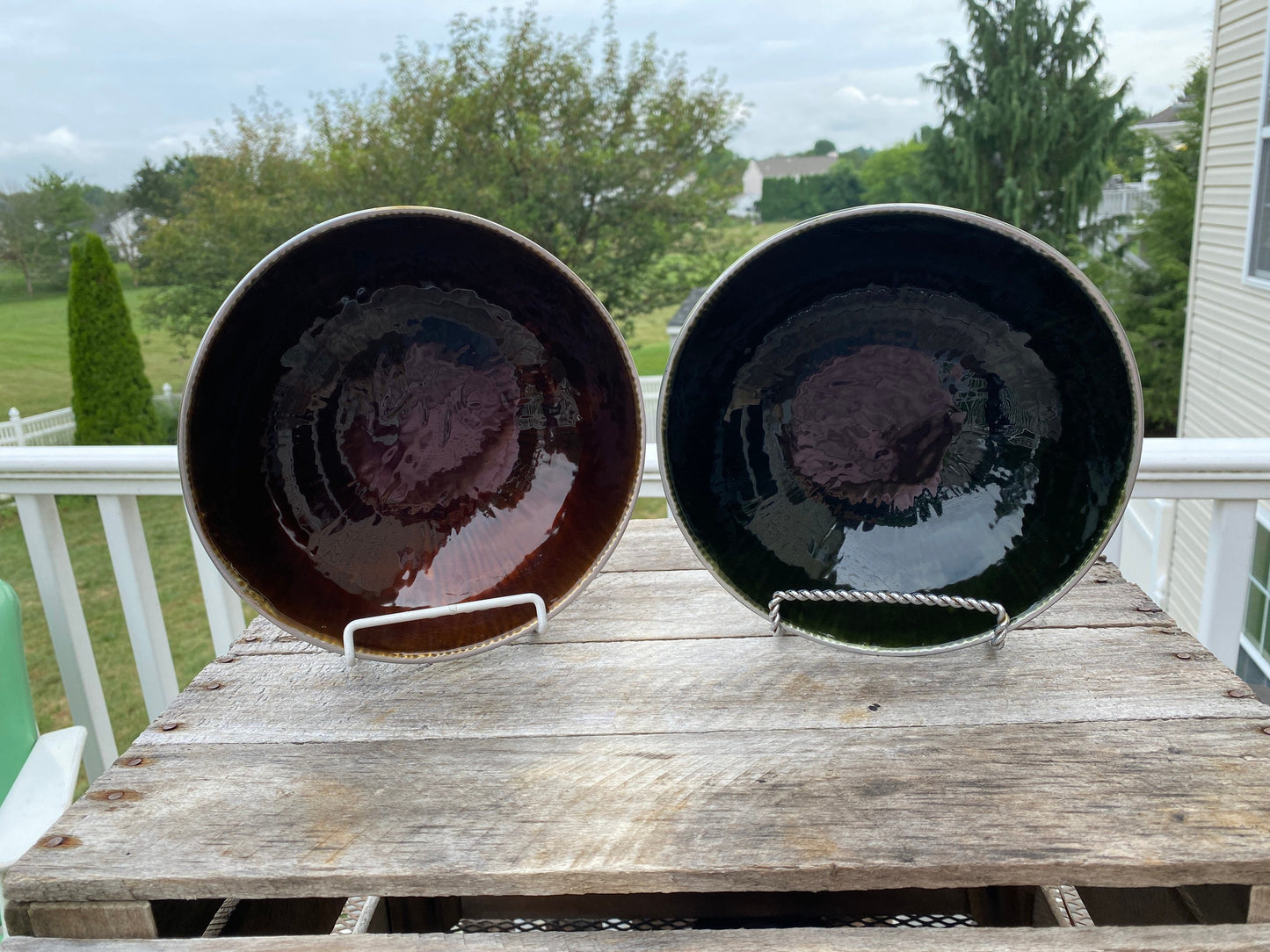 Mid Century Modern Iridescent Porcelain Lined Pewter Bowls - Set of Two