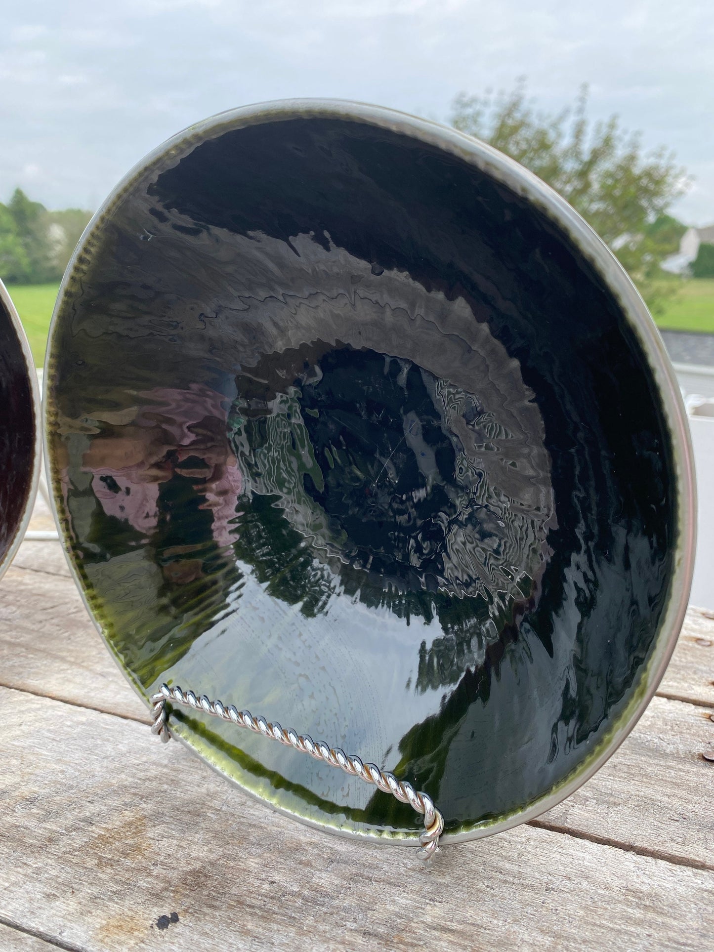 Mid Century Modern Iridescent Porcelain Lined Pewter Bowls - Set of Two