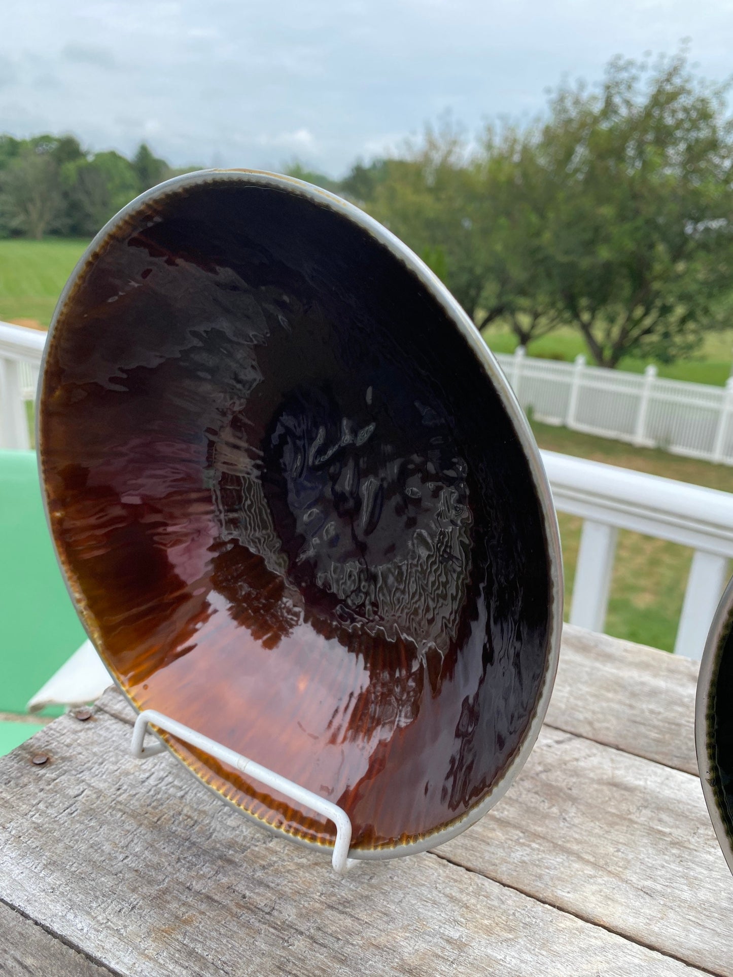 Mid Century Modern Iridescent Porcelain Lined Pewter Bowls - Set of Two