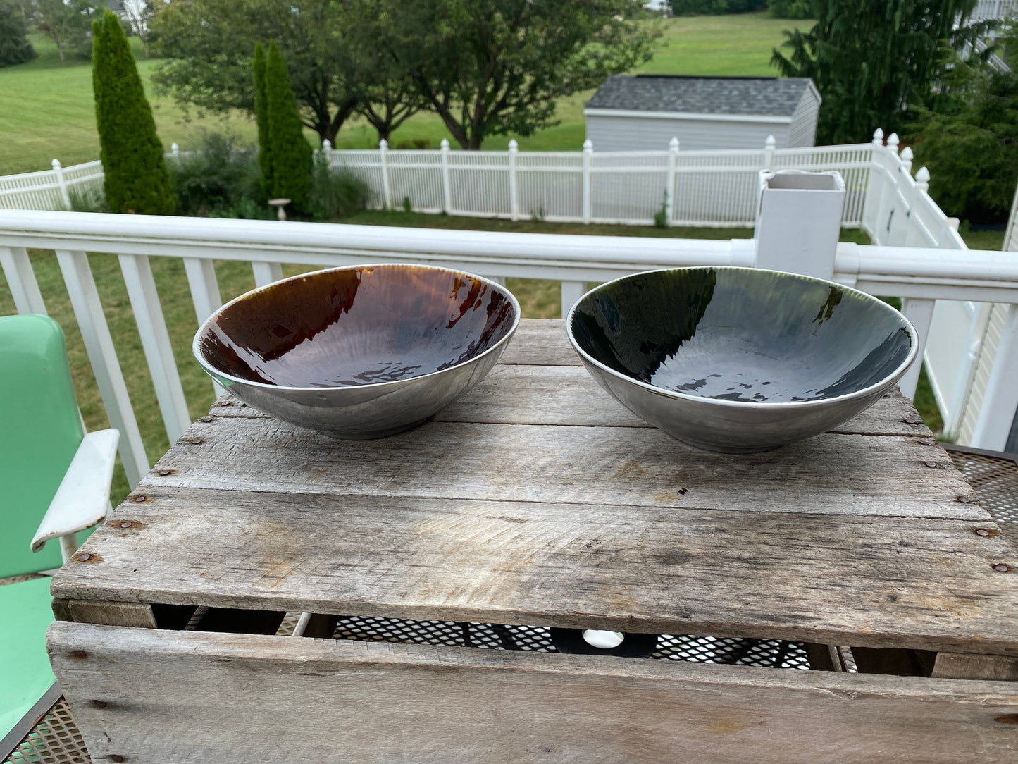 Mid Century Modern Iridescent Porcelain Lined Pewter Bowls - Set of Two