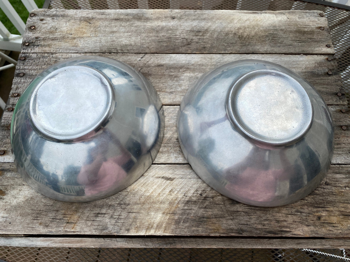 Mid Century Modern Iridescent Porcelain Lined Pewter Bowls - Set of Two