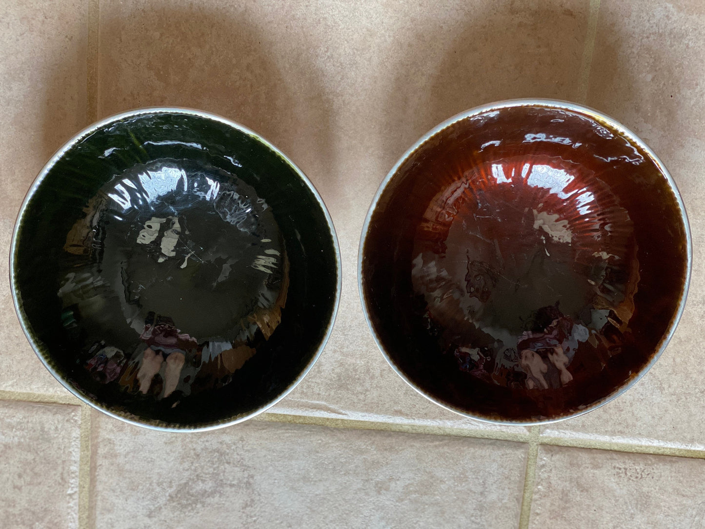 Mid Century Modern Iridescent Porcelain Lined Pewter Bowls - Set of Two