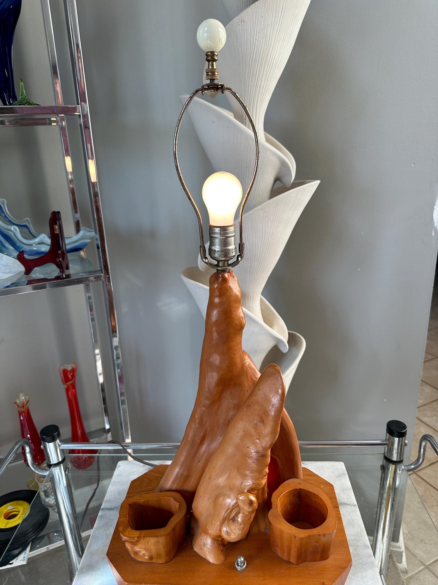 MCM Driftwood Table Lamp with Nightlight: Coastal Boho Decor