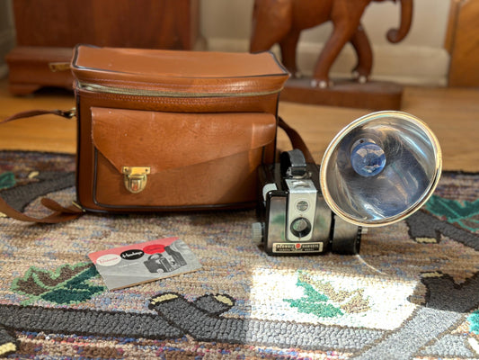 Vintage Brownie Hawkeye Camera Set: Kodak Flash Model & Perrin Leather Bag