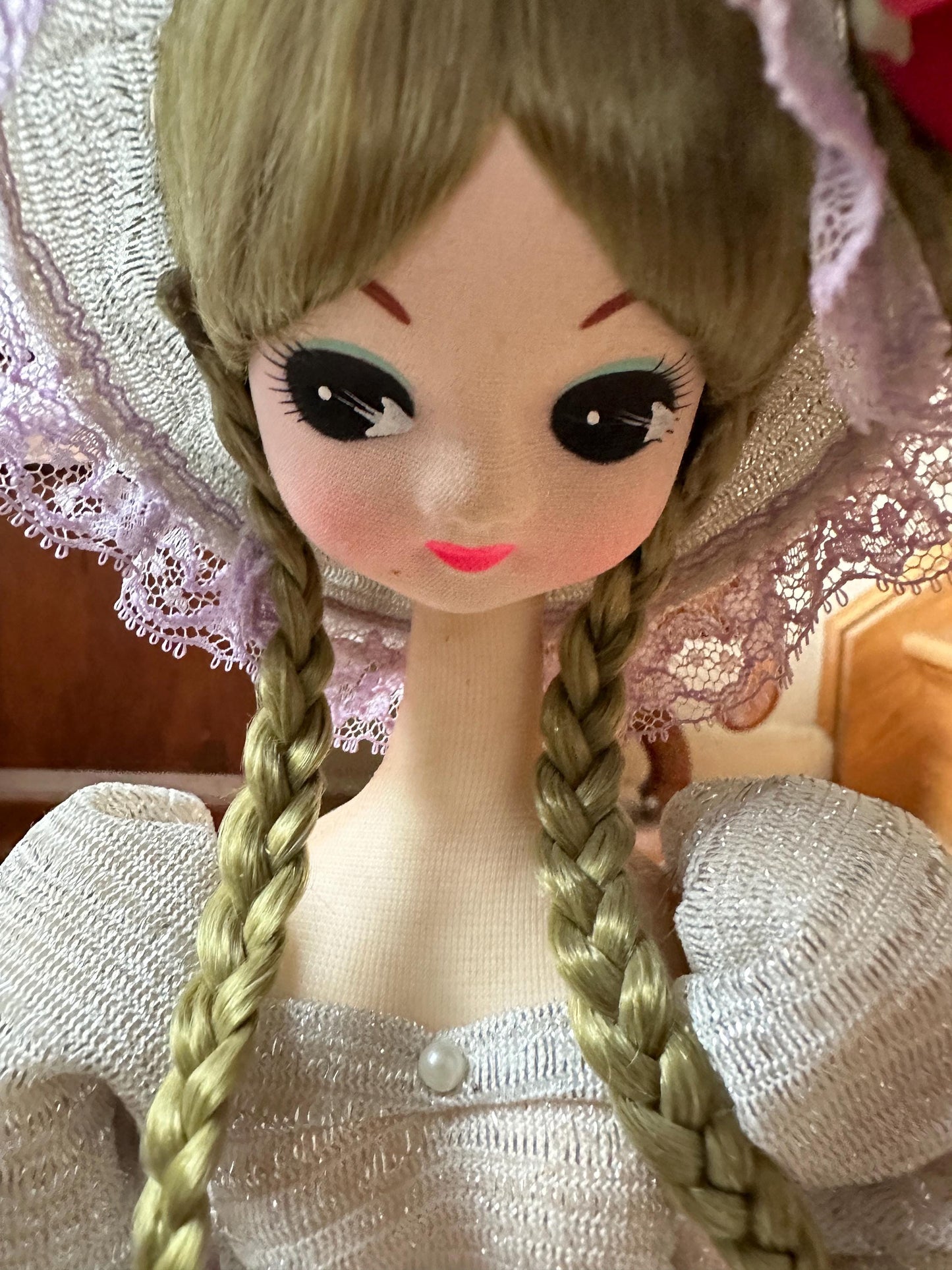 Vintage Korea Bradley Doll Seventies Cloth Face Doll On Stand