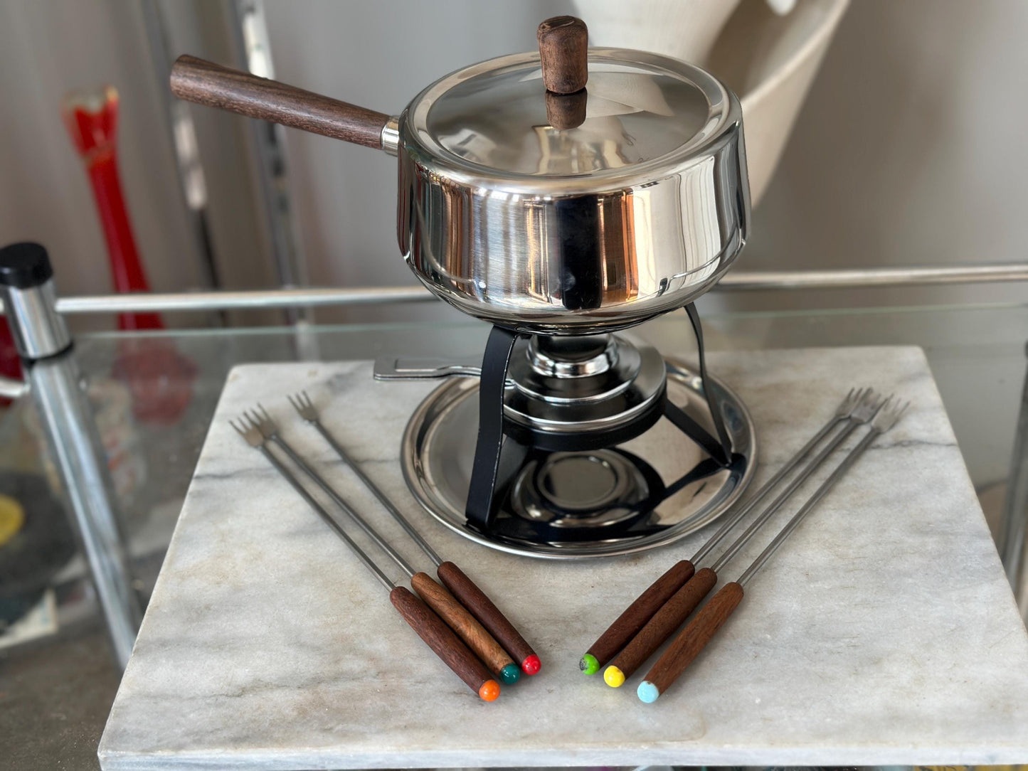 Vintage Chrome Stainless Steel Fondue Set: Otagiri Forks, Propane Burner
