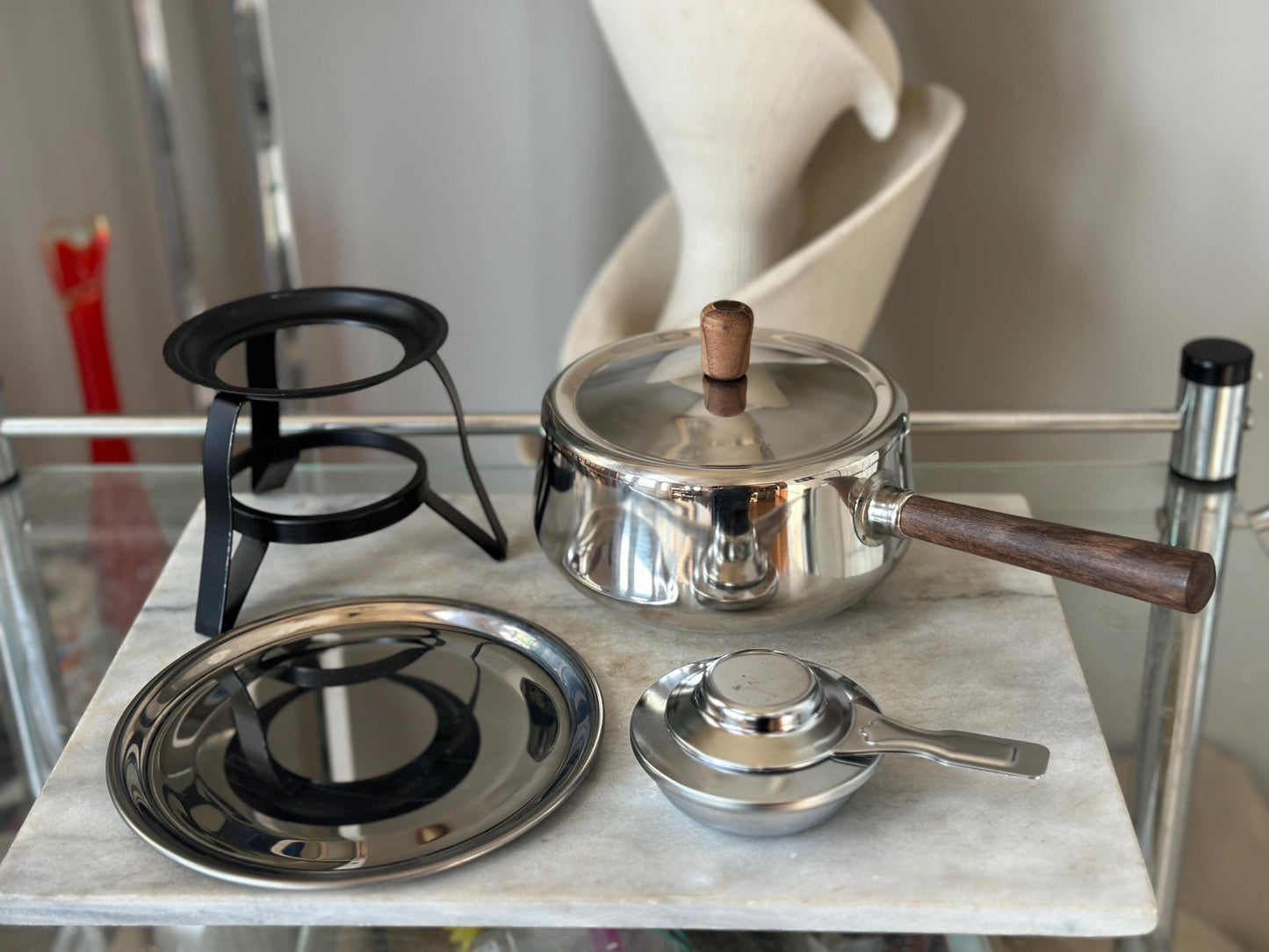 Vintage Chrome Stainless Steel Fondue Set: Otagiri Forks, Propane Burner