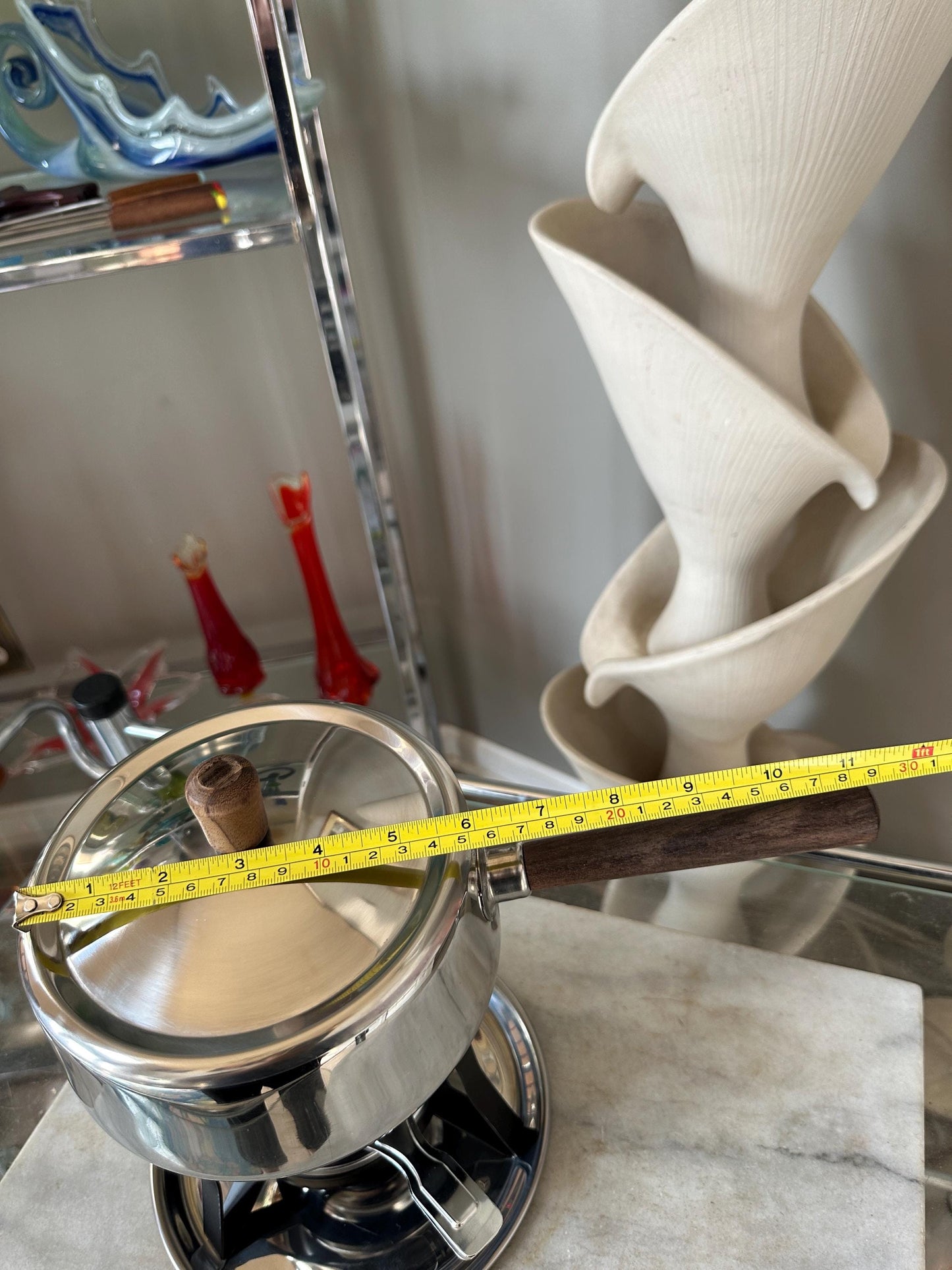 Vintage Chrome Stainless Steel Fondue Set: Otagiri Forks, Propane Burner