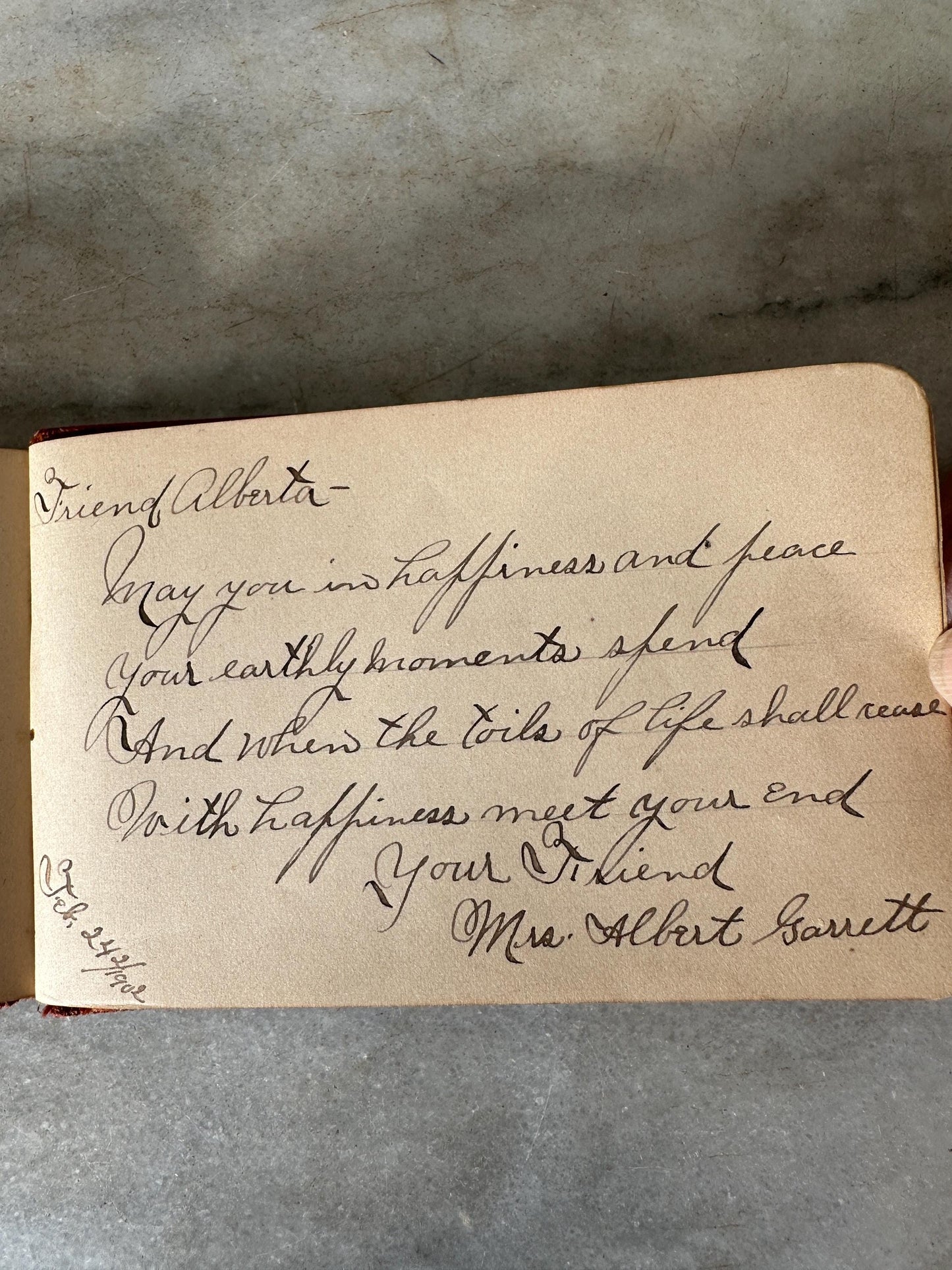 Antique Red Velvet Autograph Book: Victorian Metal Plate, Handwritten Messages