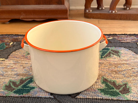 Vintage White & Orange Enamel Stock Pot: Country Kitchen Decor