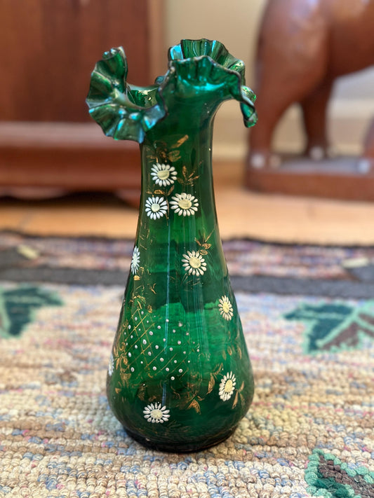 Antique Bohemian Floral Hand Painted Vase, Emerald Green Glass/White Flowers