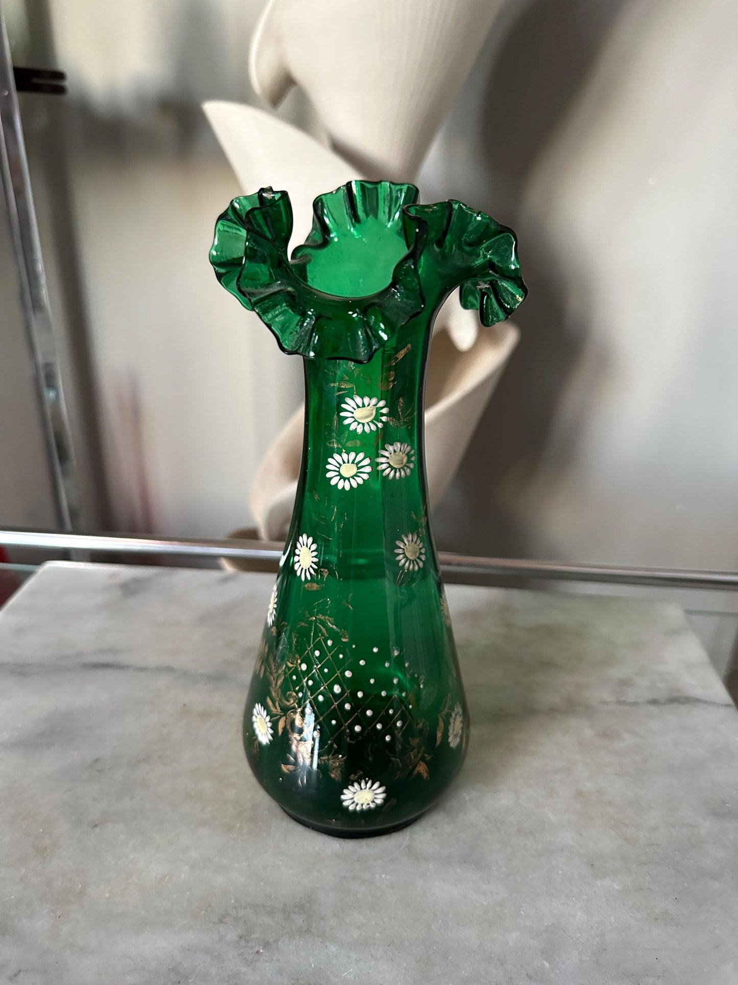 Antique Bohemian Floral Hand Painted Vase, Emerald Green Glass/White Flowers