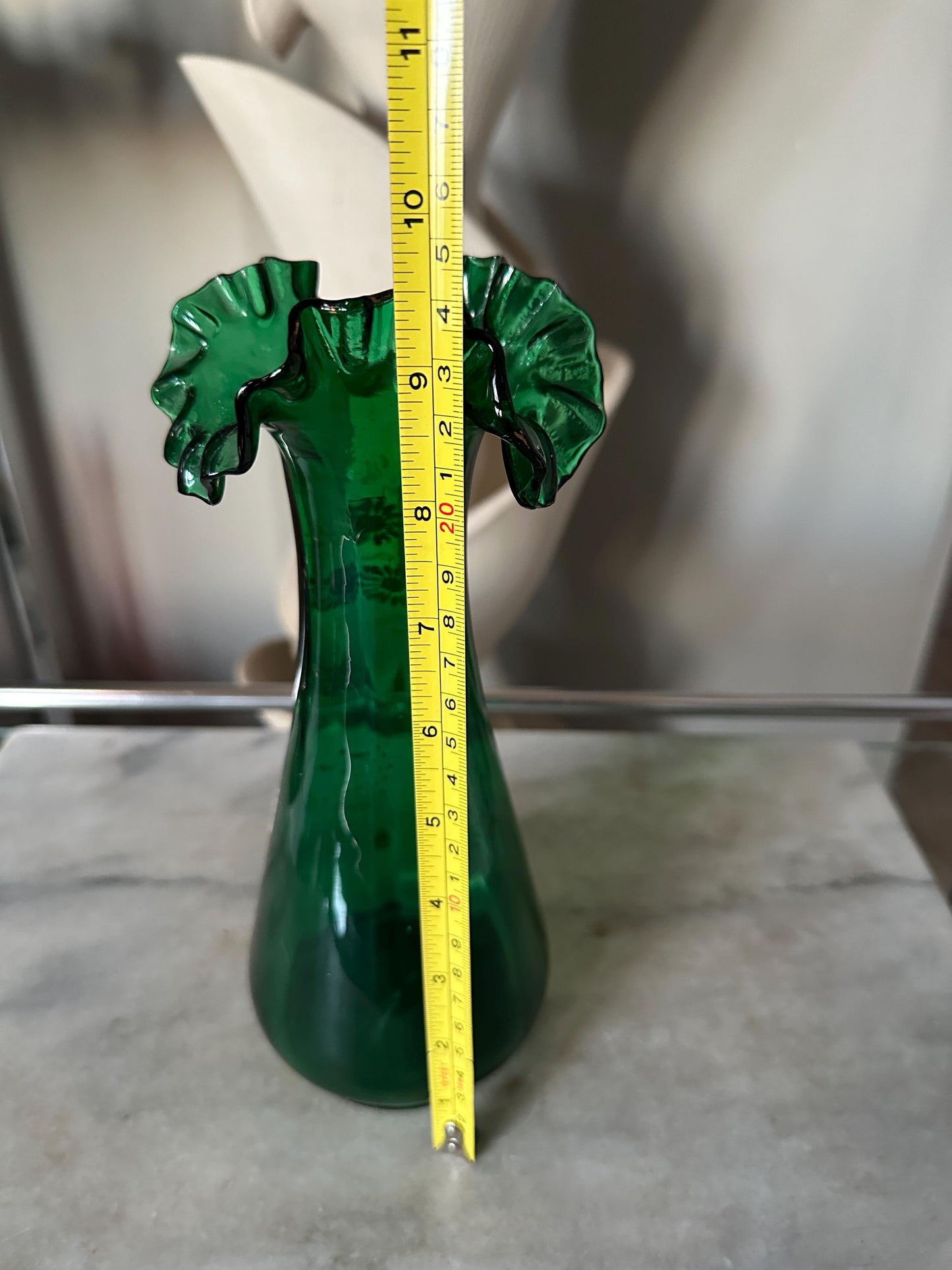 Antique Bohemian Floral Hand Painted Vase, Emerald Green Glass/White Flowers