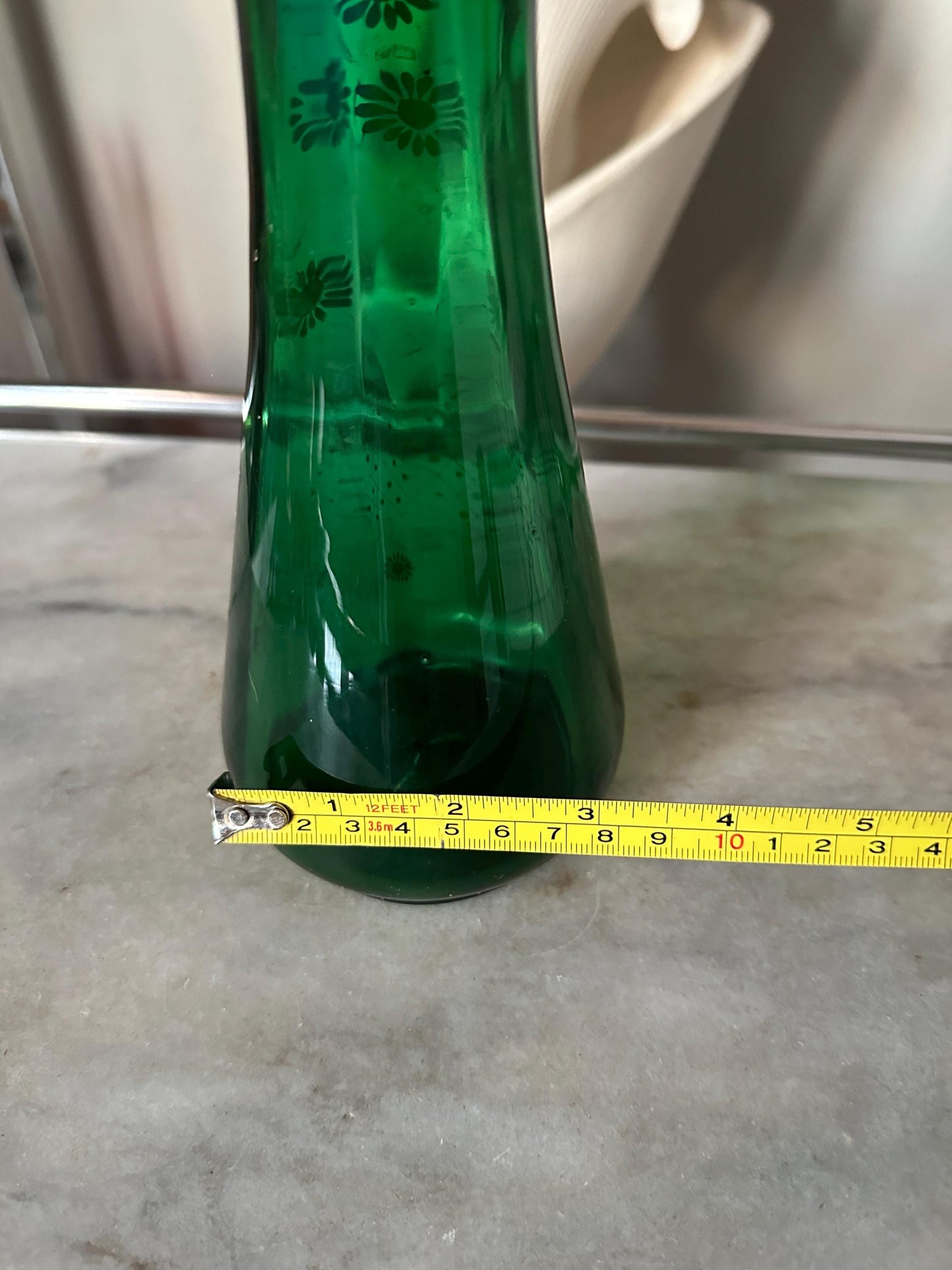 Antique Bohemian Floral Hand Painted Vase, Emerald Green Glass/White Flowers