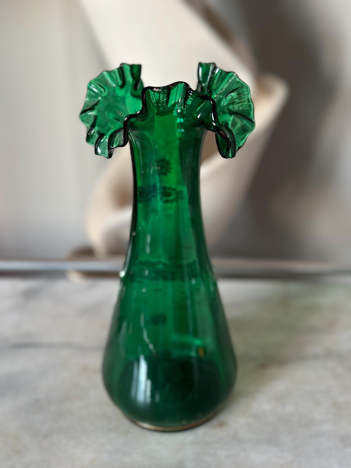 Antique Bohemian Floral Hand Painted Vase, Emerald Green Glass/White Flowers