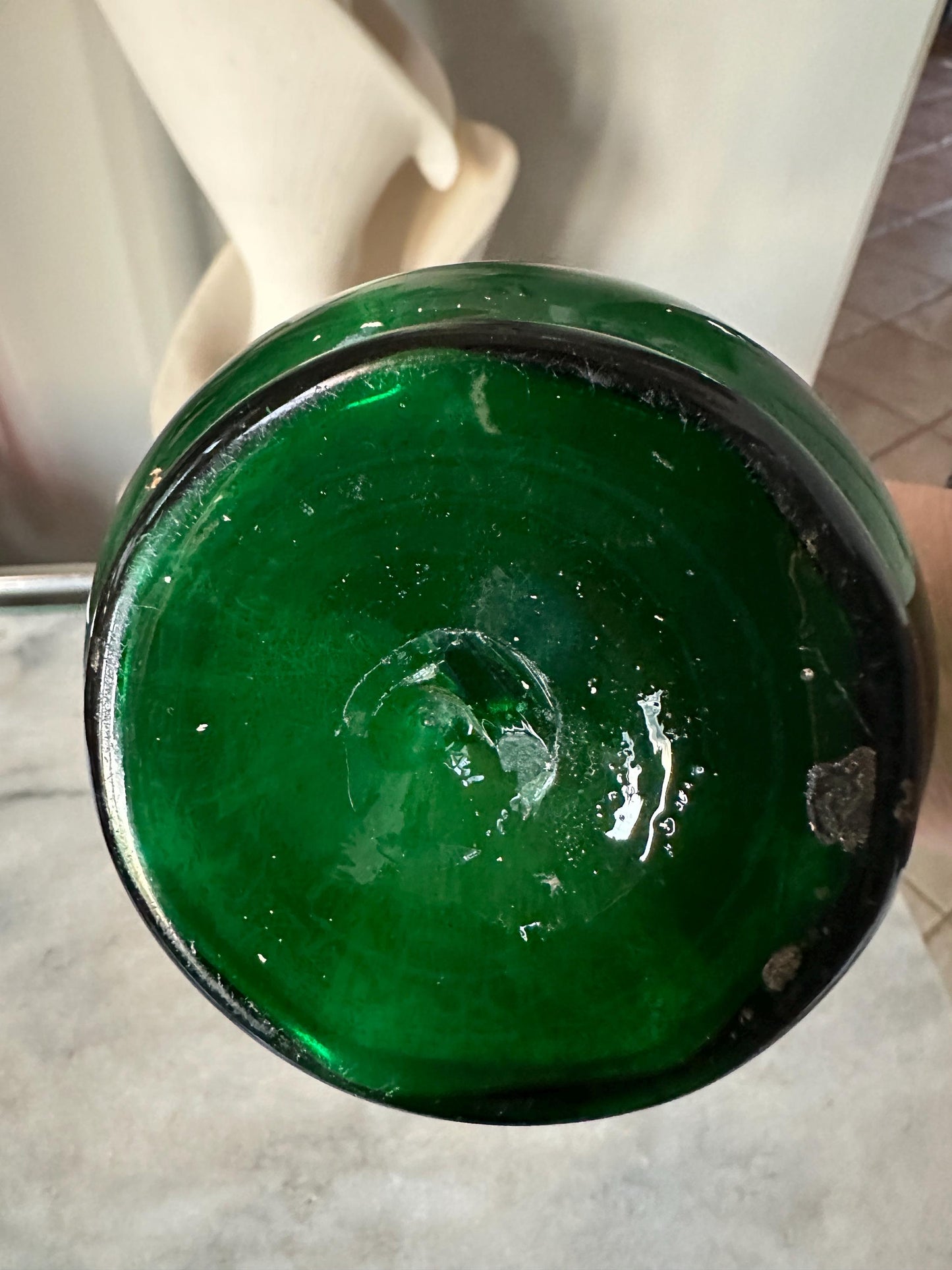 Antique Bohemian Floral Hand Painted Vase, Emerald Green Glass/White Flowers