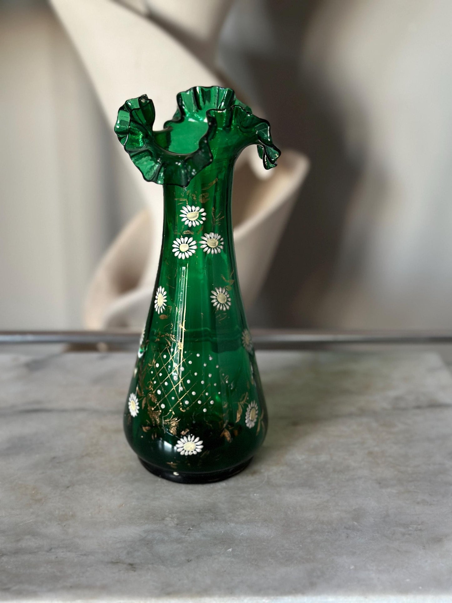 Antique Bohemian Floral Hand Painted Vase, Emerald Green Glass/White Flowers