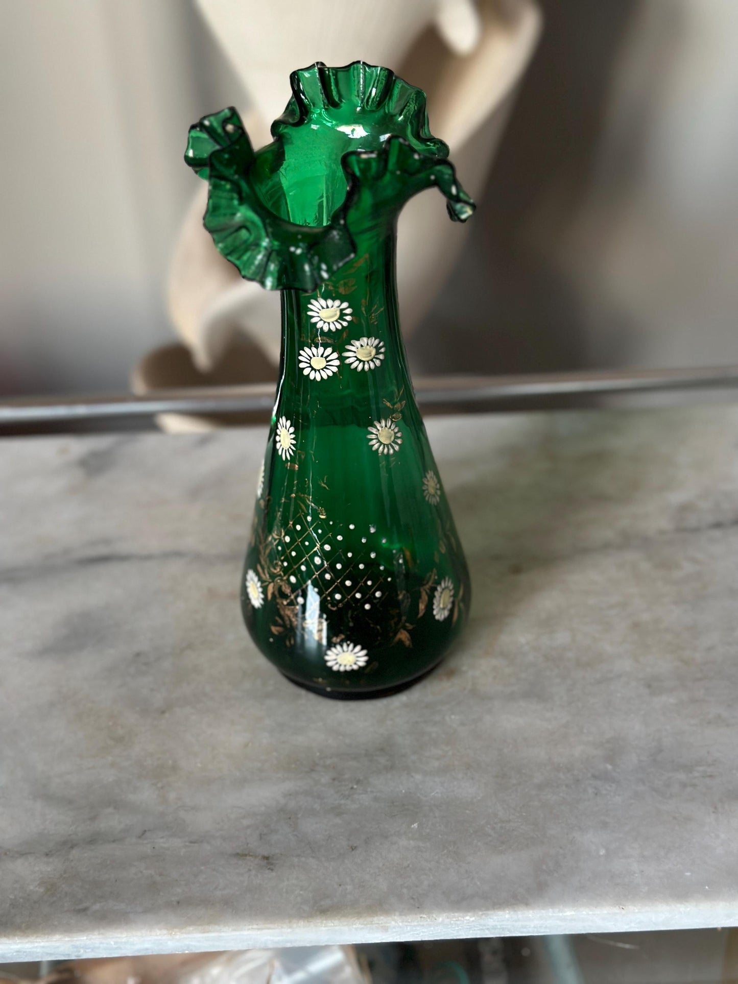 Antique Bohemian Floral Hand Painted Vase, Emerald Green Glass/White Flowers