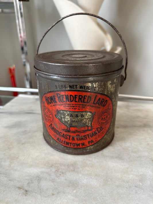 Antique Arbogast & Bastian Lard Tin: Vintage Farmhouse Kitchen Decor