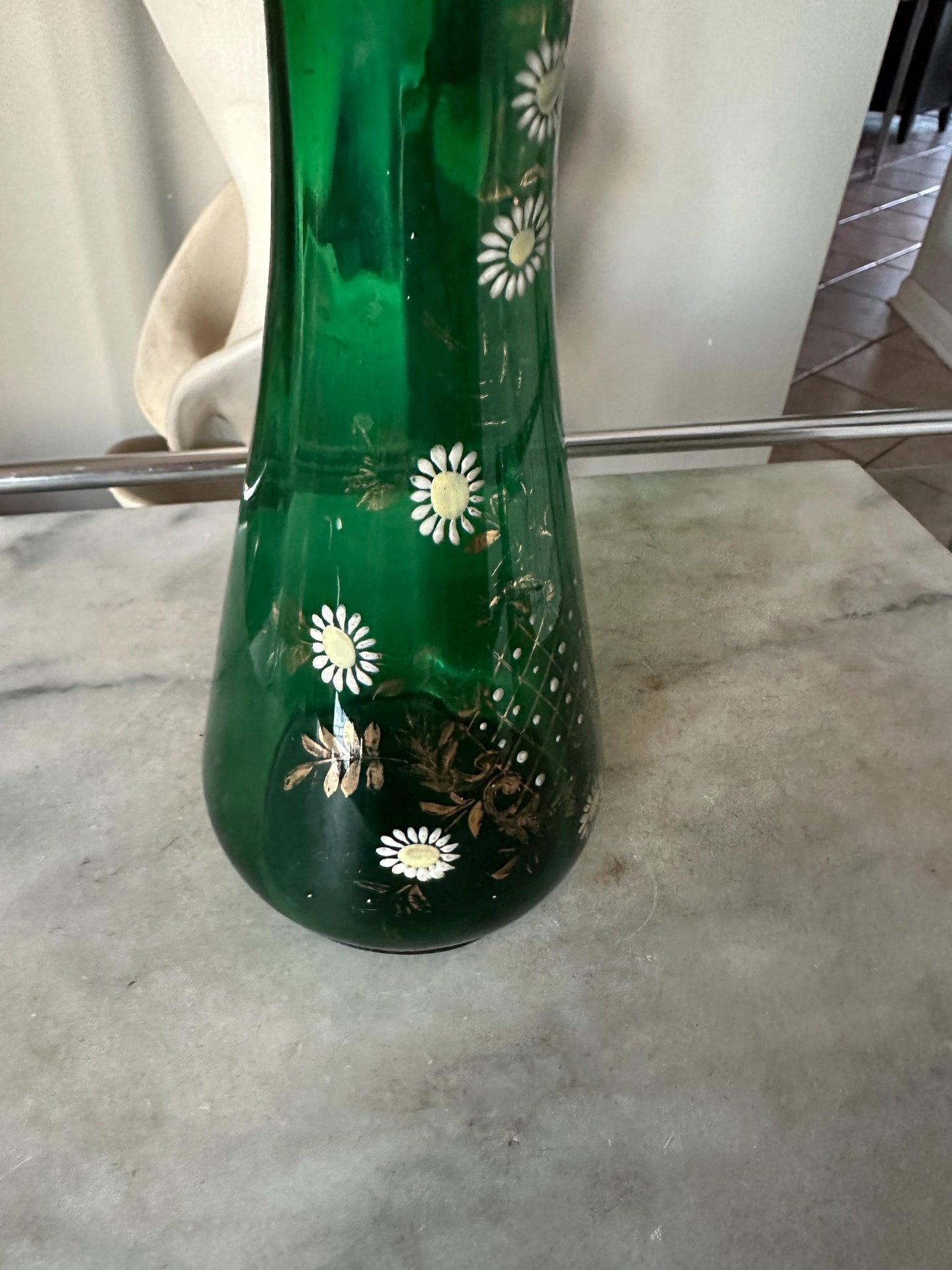 Antique Bohemian Floral Hand Painted Vase, Emerald Green Glass/White Flowers