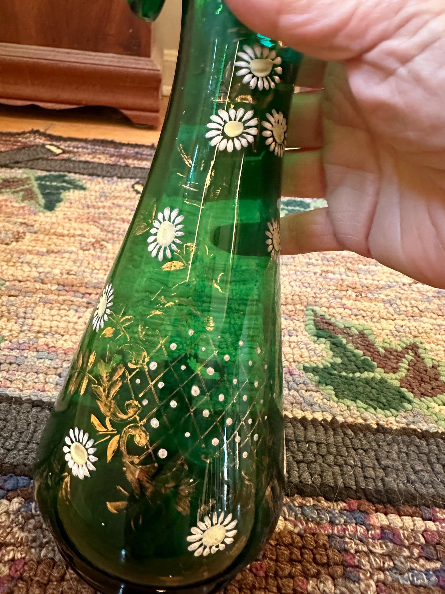 Antique Bohemian Floral Hand Painted Vase, Emerald Green Glass/White Flowers